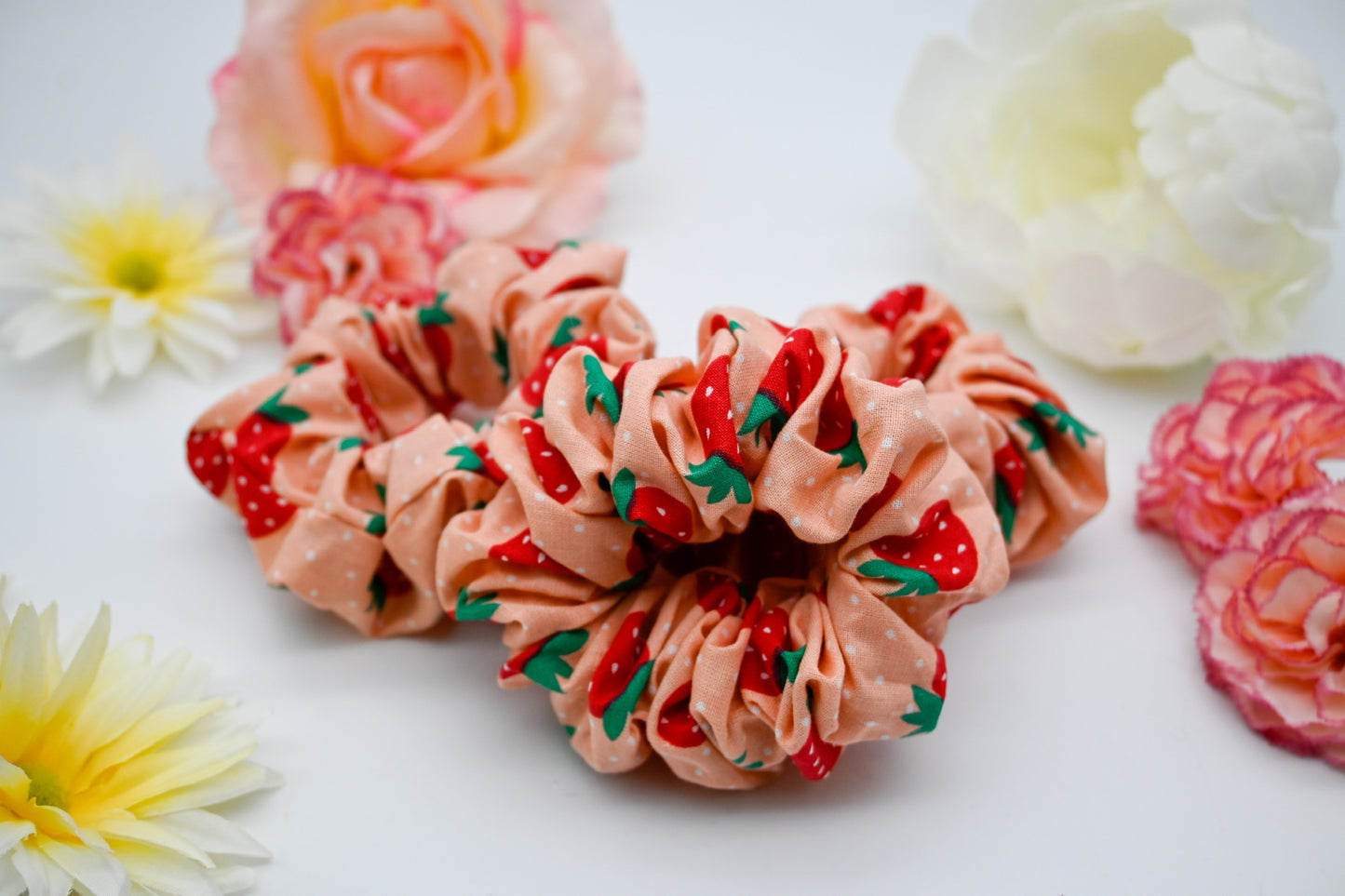 Pink Strawberries Scrunchie With PolkaDots