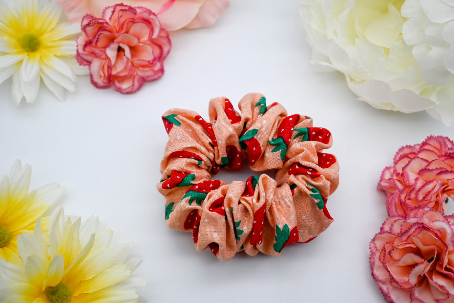 Pink Strawberries Scrunchie With PolkaDots