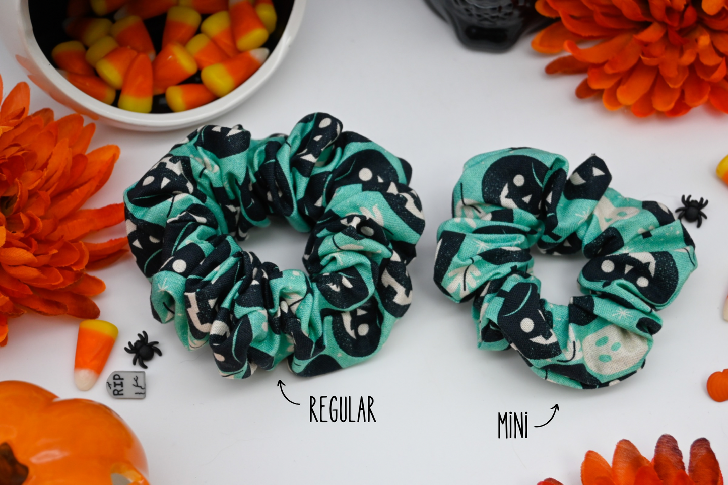 Turquoise Pumpkin and Ghost Scrunchie