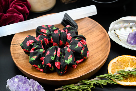 Black and Red Rose Scrunchie