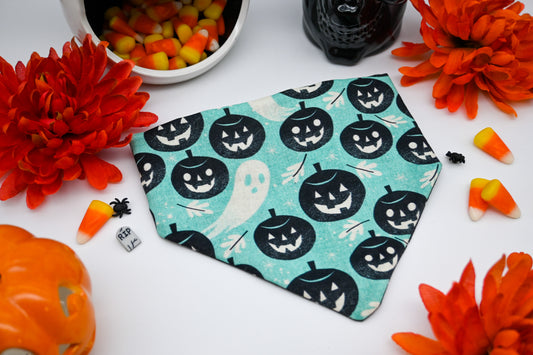 Reversible Pet Bandana - Turquoise and Black Pumpkins n Ghosts