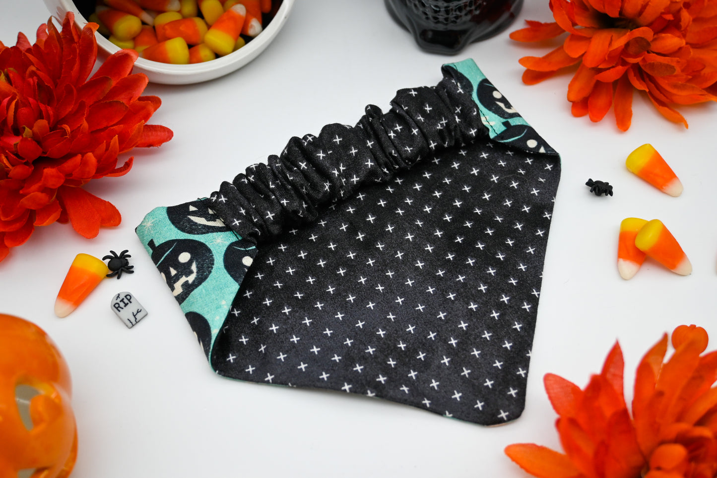 Reversible Pet Bandana - Turquoise and Black Pumpkins n Ghosts