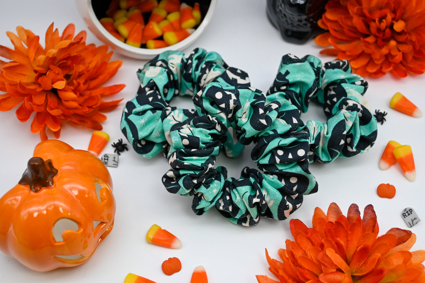 Turquoise Pumpkin and Ghost Scrunchie