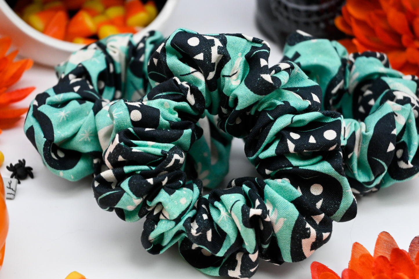 Turquoise Pumpkin and Ghost Scrunchie