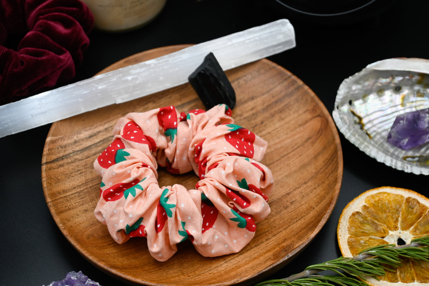 Pink Strawberries Scrunchie With PolkaDots