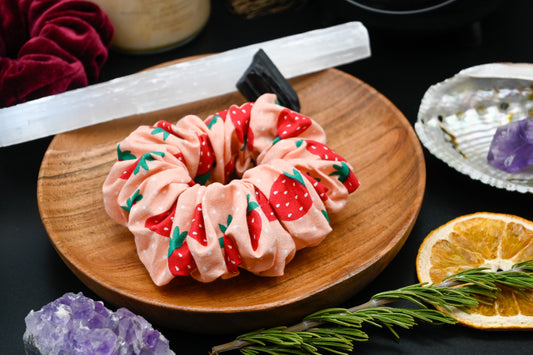 Pink Strawberries Scrunchie With PolkaDots