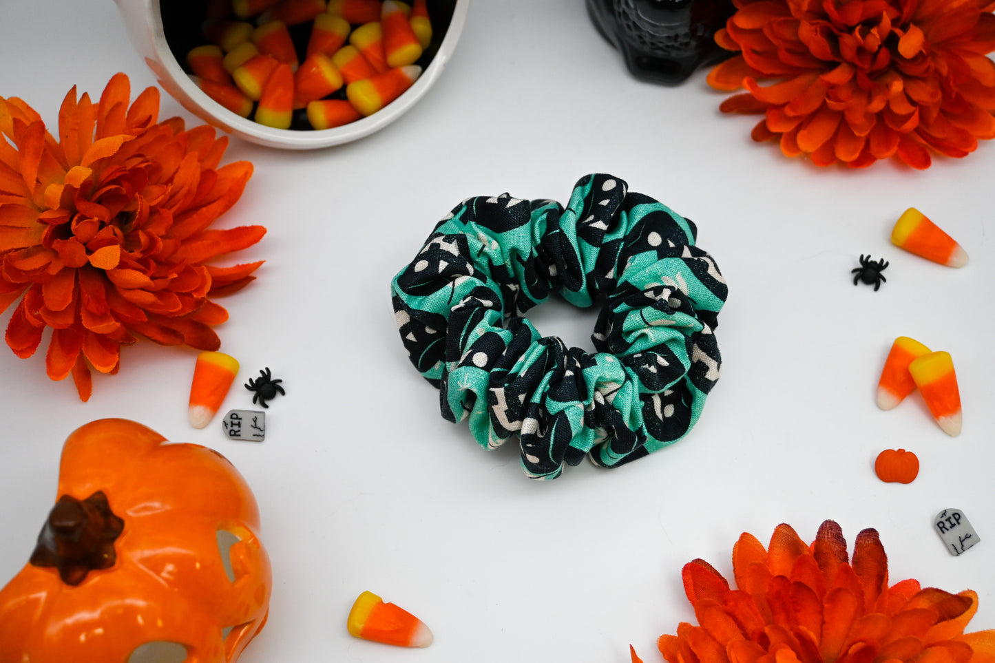 Turquoise Pumpkin and Ghost Scrunchie